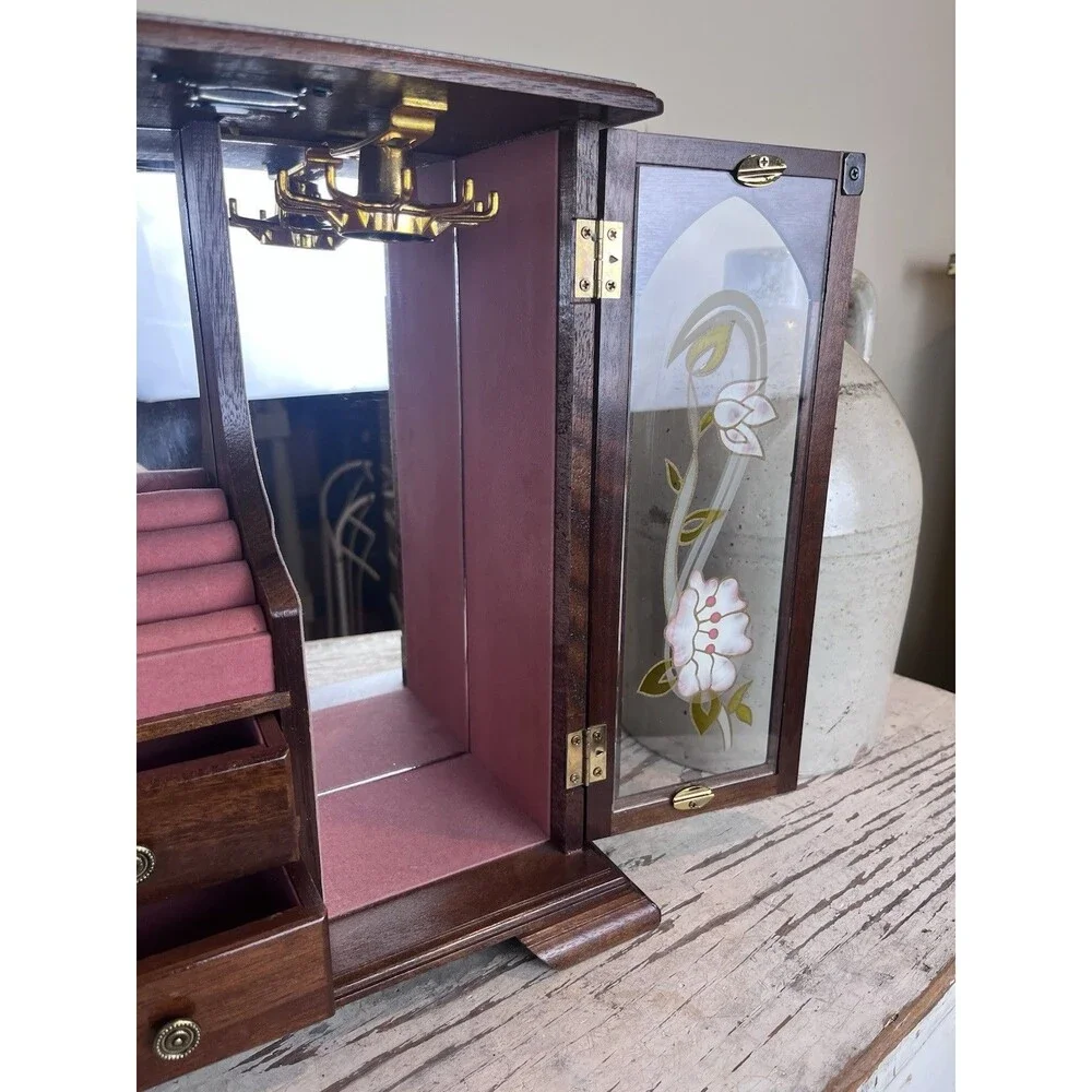 Vintage Wooden Jewelry Armoire Box Cabinet w/ Glass Floral Doors & Drawers